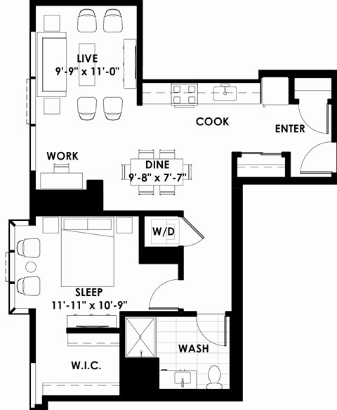 Floor plan for 1 bed, 1 bath, 787 sqft